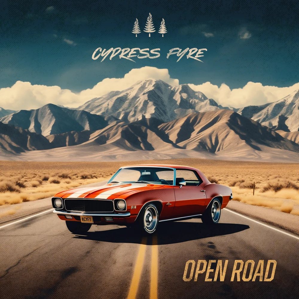 Open Road album cover: a red classic car on a desert road beneath mountains